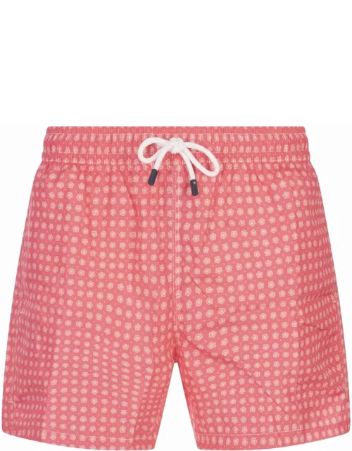 Fedeli Red Swim Shorts With Micro Flower Pattern