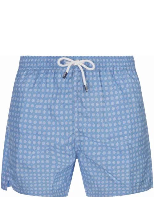 Fedeli Sky Blue Swim Shorts With Micro Flower Pattern
