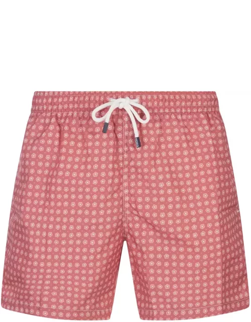Fedeli Dark Red Swim Shorts With Micro Flower Pattern