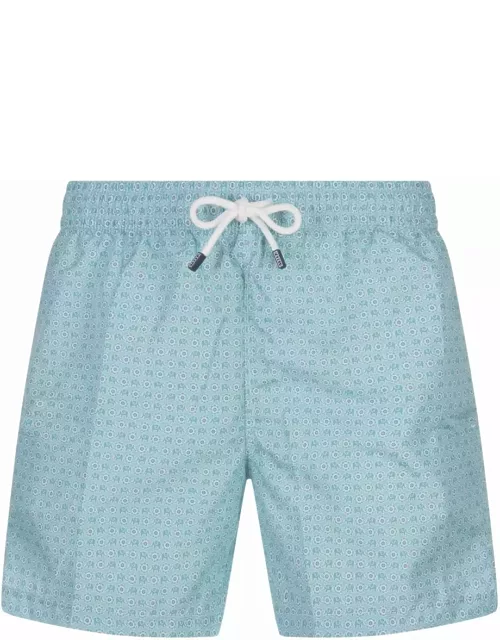 Fedeli Turquoise Swim Shorts With Elephants And Flowers Pattern