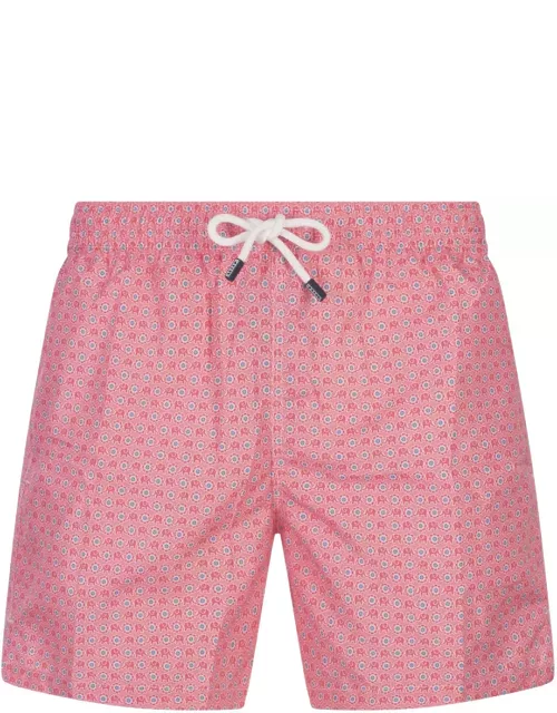 Fedeli Pink Swim Shorts With Elephants And Flowers Pattern