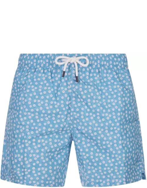 Fedeli Sky Blue Swim Shorts With Micro Daisy Pattern
