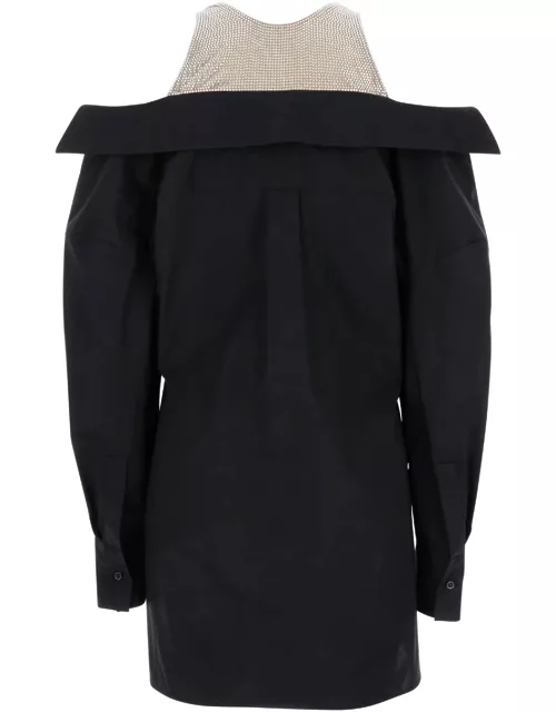 Giuseppe di Morabito Black Short Dress With Rhinestone Mesh Insert In Cotton Blend Woman