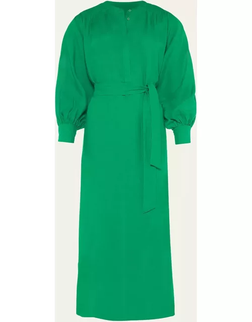 Aimee Belted Long-Sleeve Linen Maxi Dres
