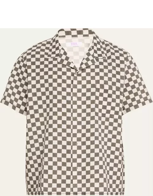 Men's Cotton-Linen Checkered Camp Shirt