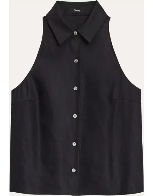 Sleeveless Linen-Blend Button-Front Halter Shirt