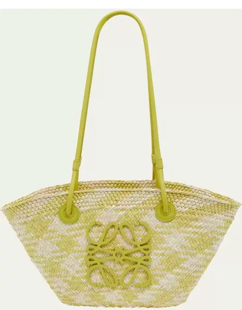 x Paula's Ibiza Anagram Basket Shoulder Bag in Checkered Iraca Palm with Leather Handle