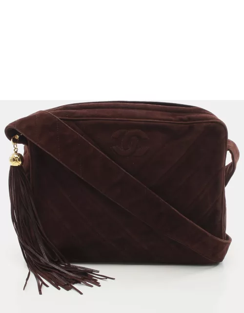 Chanel Chevron V-stitch Shoulder bag Suede Dark brown Gold hardware