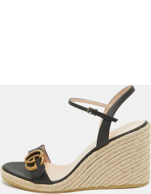 Gucci Black Leather Double G Wedge Espadrille Sandal