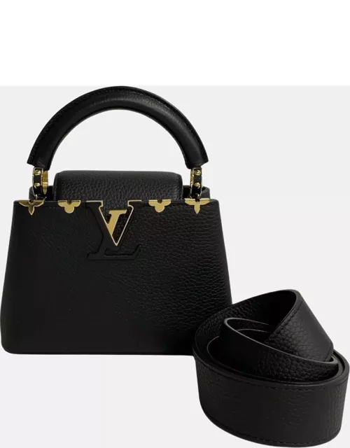 Louis Vuitton Black Leather Mini Capucines Fower Crown Top Handle Bag