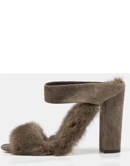 Aquazzura Brown Mink Fur Strap Slide Sandal