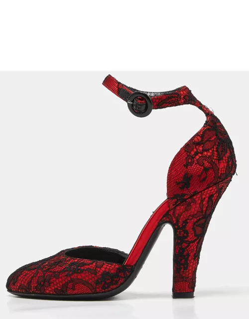 Dolce & Gabbana Red Lace Ankle Strap Sandal