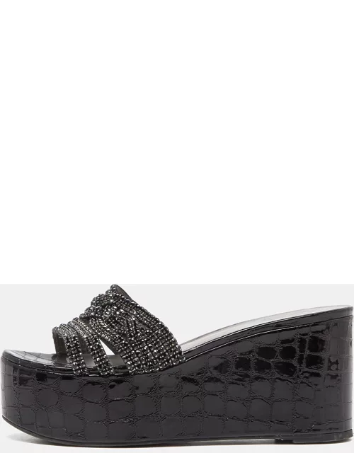 Gina Black Patent Leather Crystal Embellished Wedge Platform Sandal