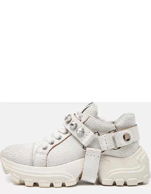 Miu Miu White Textured Leather Crystal Embellished Lace Up Sneaker