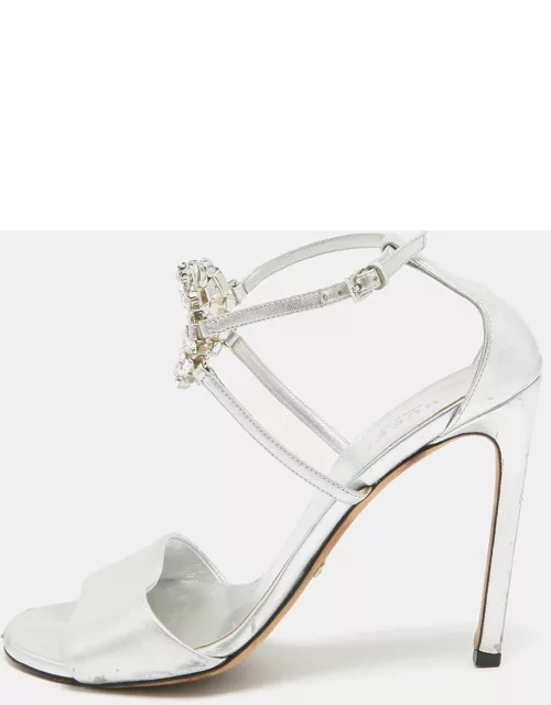 Gucci Silver Leather Crystal Embellished GG Logo Ankle Strap Sandal