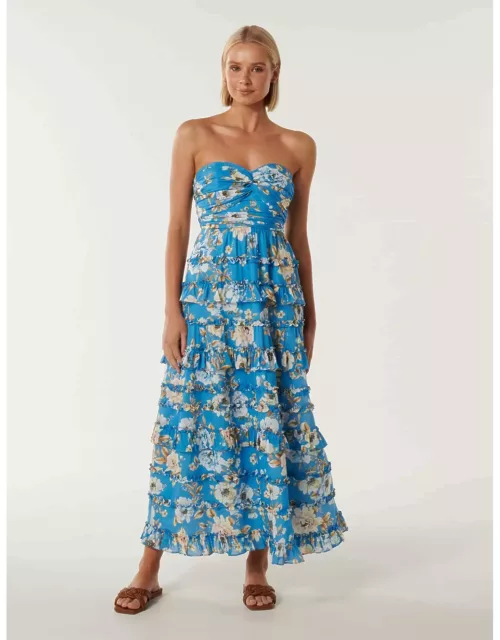 Forever New Women's Floreto Strapless Ruffle Maxi Dress in Blue Petra Flora