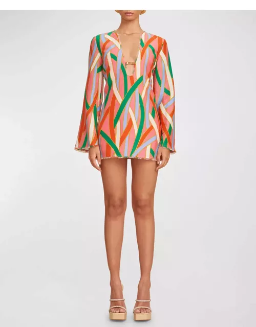 Aniya Stripe-Print Flared-Sleeve Mini Dres