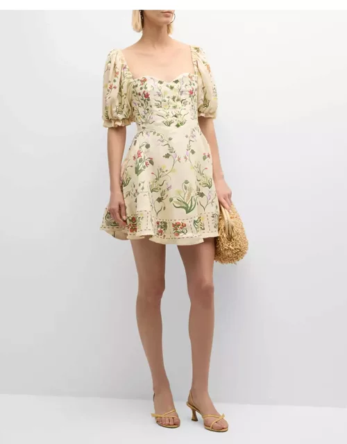 Vuelo Cultivo Puff-Sleeve Floral Linen Mini Dres