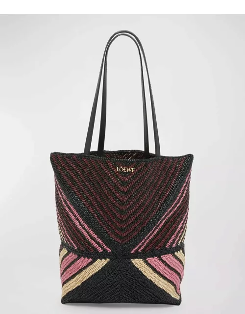 x Paula's Ibiza Medium Puzzle Fold Tote Bag in Striped Raffia with Leather Handle
