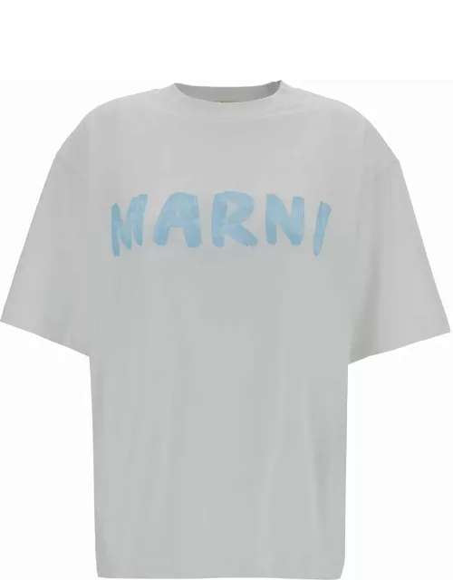 Marni White Crewneck T-shirt With Logo Print In Cotton Woman