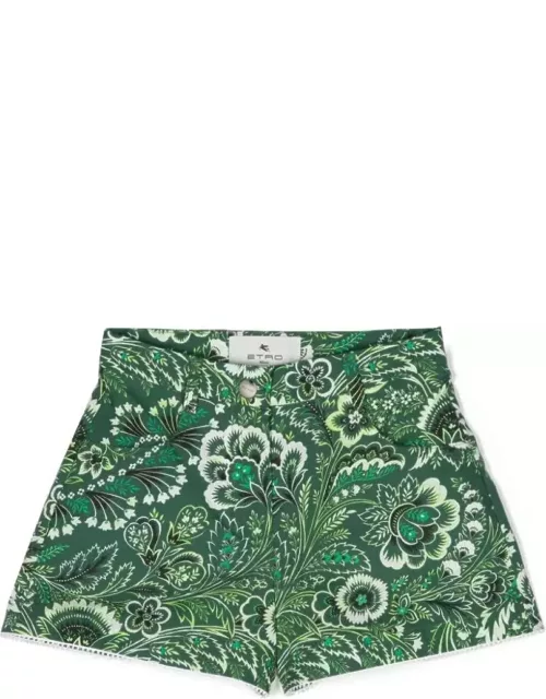Etro Green Denim Shorts With Paisley Motif