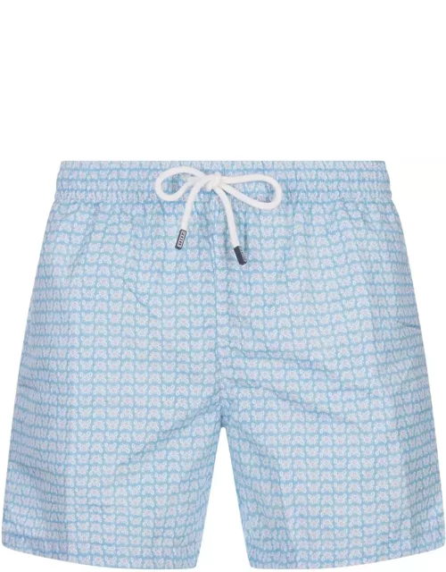 Fedeli Light Blue Swim Shorts With Crab Pattern