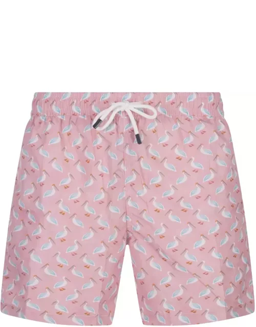 Fedeli Pink Swim Shorts With Pelican Pattern