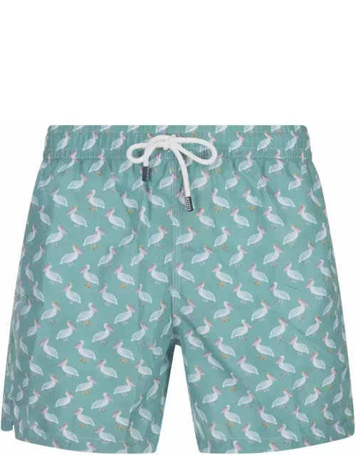 Fedeli Green Pink Swim Shorts With Pelican Pattern