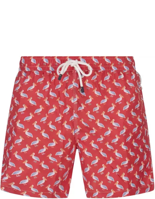 Fedeli Red Swim Shorts With Pelican Pattern