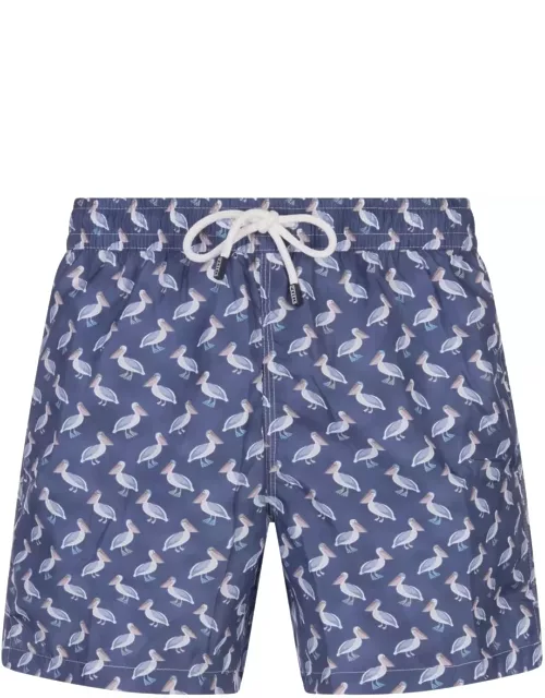 Fedeli Blue Swim Shorts With Pelican Pattern