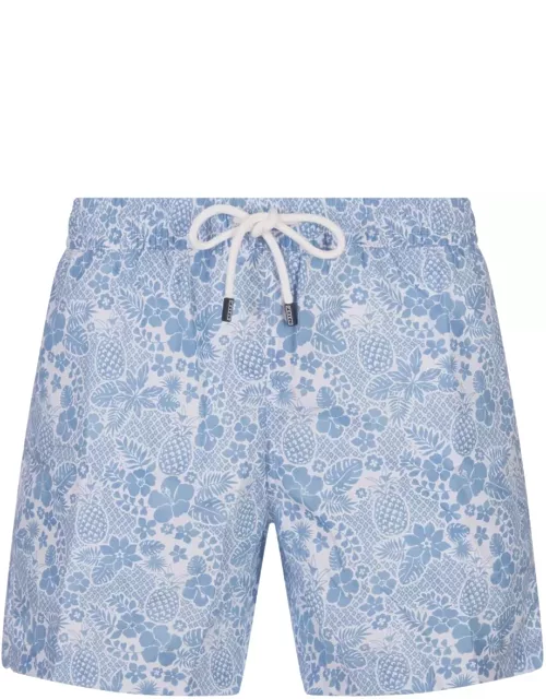 Fedeli Sky Blue Swim Shorts With Tropical Pattern