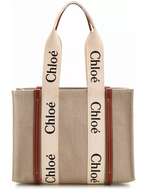Chloé White And Brown Medium Woody Shopping Bag With Shoulder Strap
