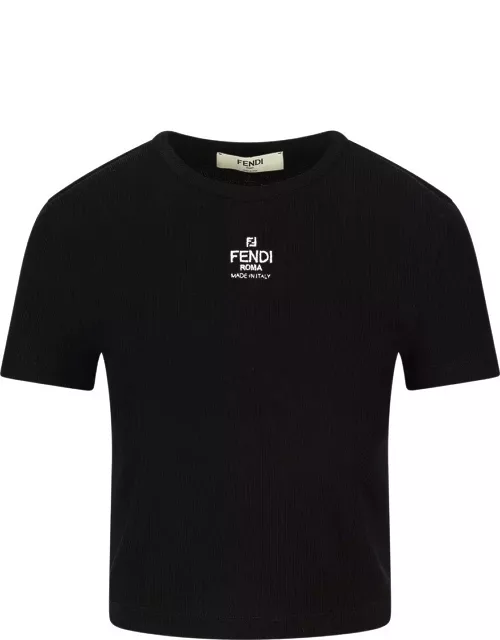 Fendi Logo Embroidered Crewneck Cropped T-shirt