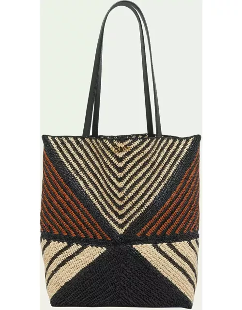 x Paula's Ibiza Medium Puzzle Fold Tote Bag in Striped Raffia with Leather Handle