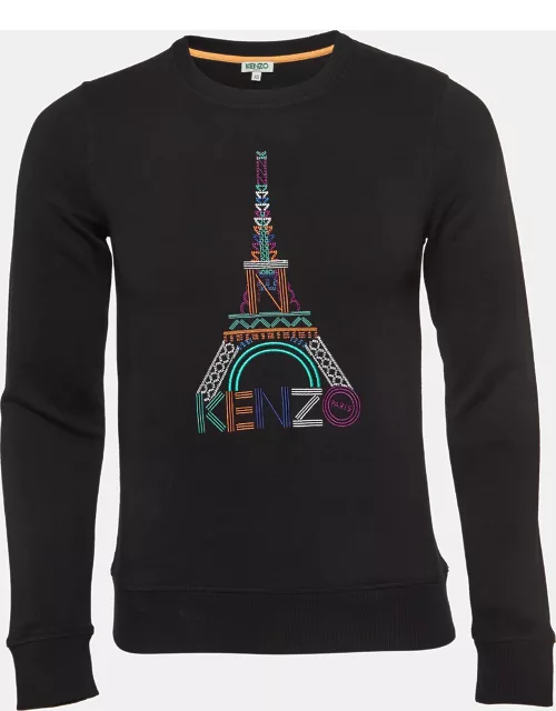 Kenzo Black Eiffel Embroidered Cotton Knit Crew Neck Sweatshirt
