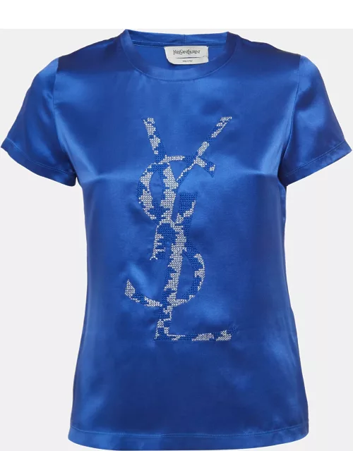 Yves Saint Laurent Blue Logo Embroidered Satin Silk T-Shirt