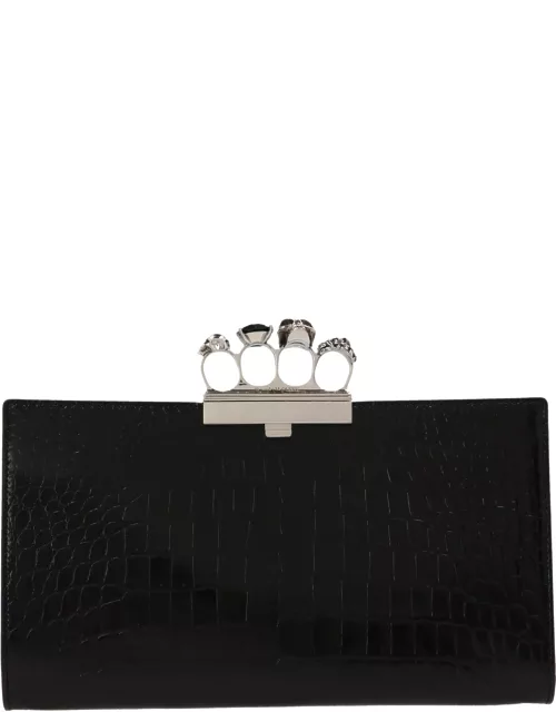 Alexander McQueen Black Four-ring Skull Flat Clutch With Crocodile Effect
