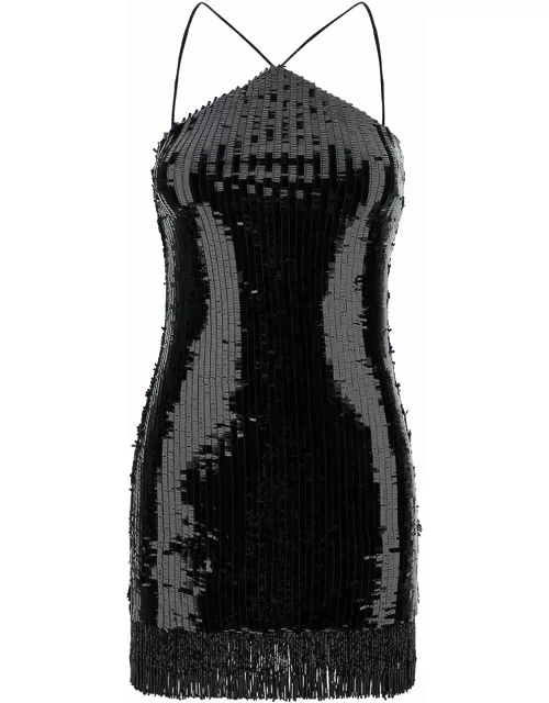 Taller Marmo Min Black Dress With All-over Sequins And Fringes In Fabric Woman