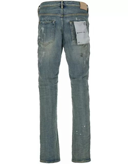 Purple Brand Light Blue Five Pockets Skinny Jeans With Paint Stains In Cotton Denim Man