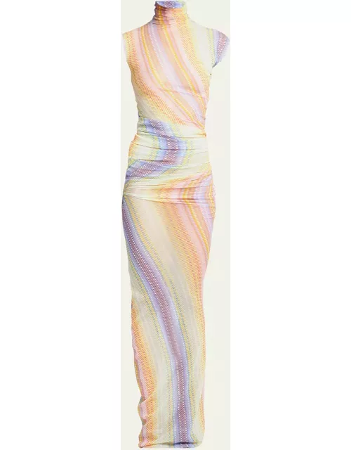 Printed High-Neck Tulle Ruched Maxi Dres
