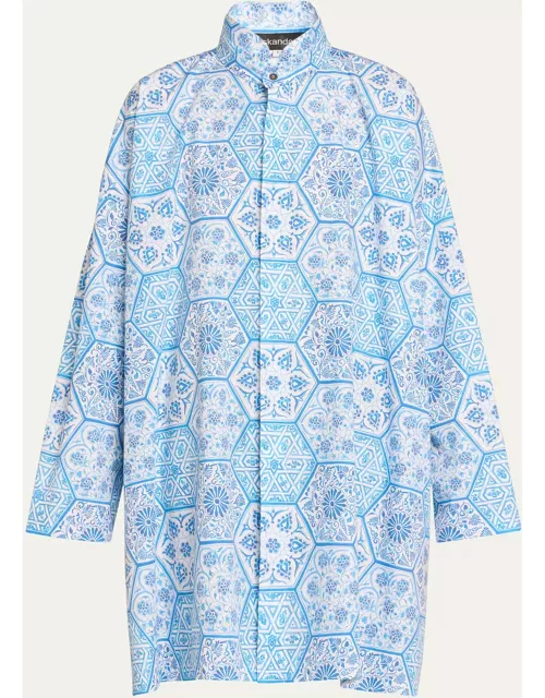 Printed Wide A-Line Double Stand Collar Shirt (Long Plus Length)