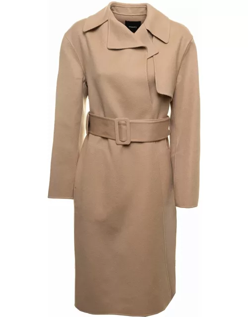 Theory Beige Double-breasted Trench Coat In Wool And Cashmere Woman