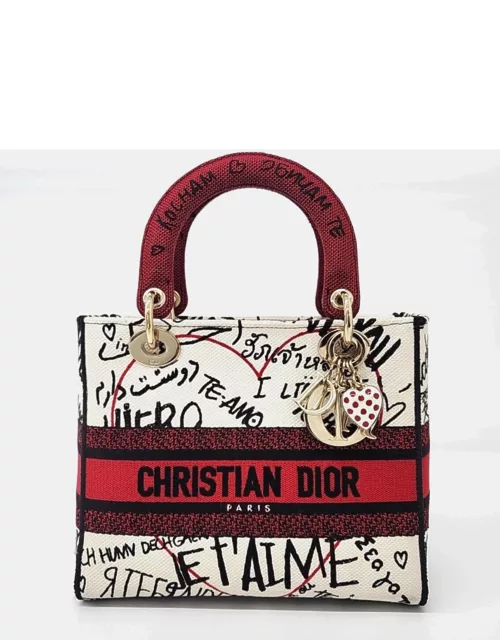 Dior Ivory/Red Canvas Medium Lady D-Lite Tote Bag