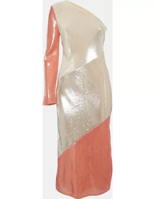 Diane Von Furstenberg Cream Sequin and Silk One Shoulder Bias Midi Dress