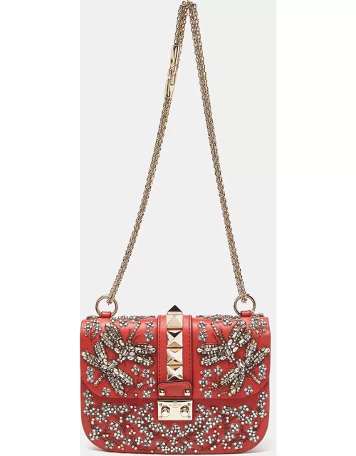 Valentino Red Leather Small Crystal Embellished Rockstud Glam Lock Flap Bag