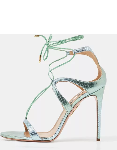 Aquazzura Green/Silver Python Embossed Leather Ankle Strap Sandal