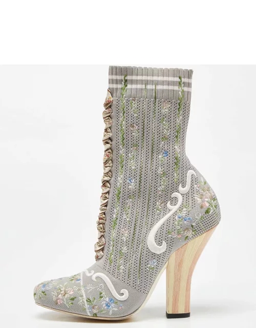 Fendi Grey Floral Embroidered Knit Fabric Sock Ankle Boot