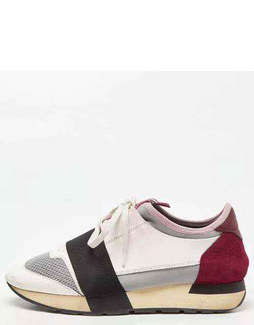 Balenciaga White/Burgundy Leather Suede and Mesh Race Runner Sneaker