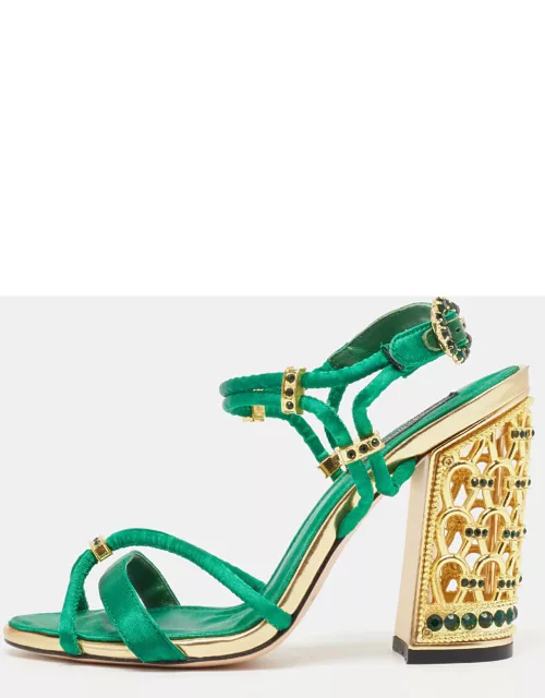 Dolce & Gabbana Green Satin Crystal Embellished Ankle Strap Sandal