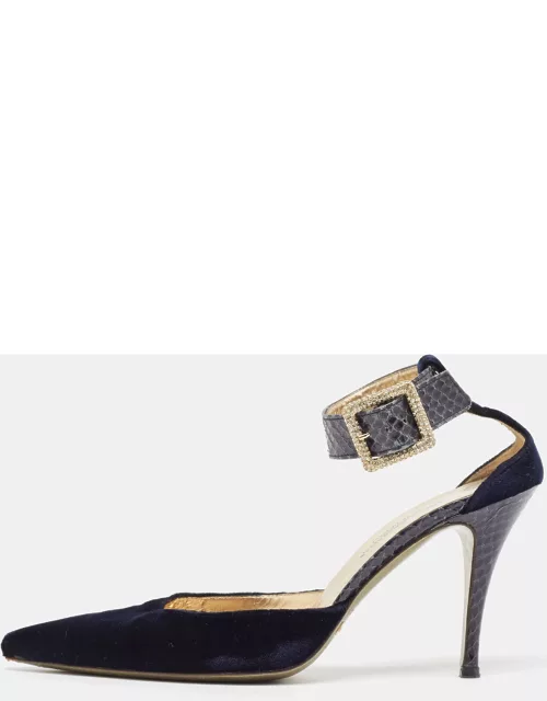 Dolce & Gabbana Navy Blue Velvet And Python Ankle Strap Sandal